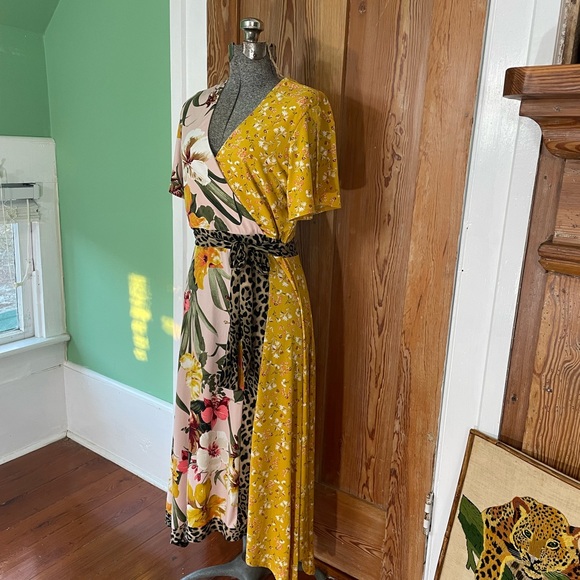 Leopard Print Floral Patchwork Midi Crossover Tie Dress - Size Medium - Picture 3 of 11